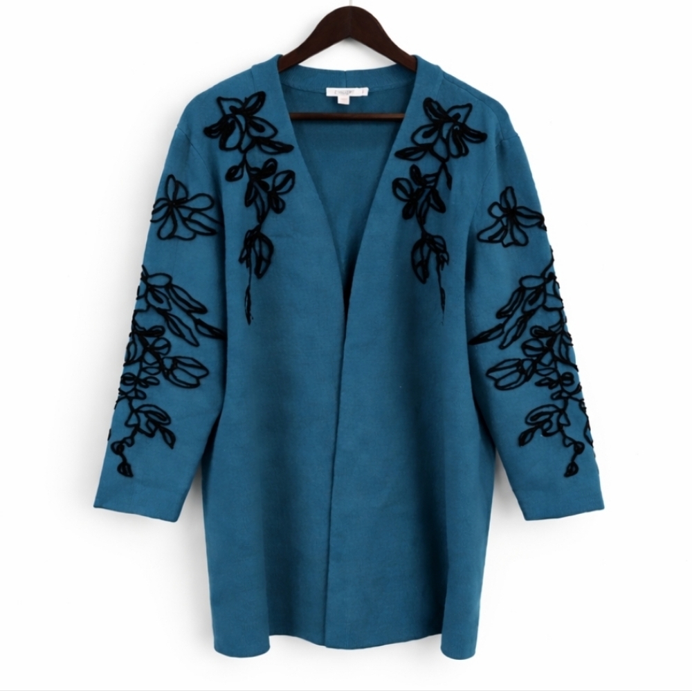 Chicos Teal Chenille Soutache Embroidered Open Cardigan Sz 4 (2XL)